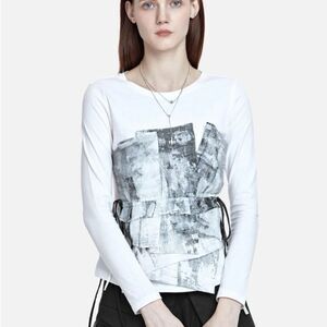 S-DEER Irregular Mesh Panel Waist Commuter Top White/Black M NWT
